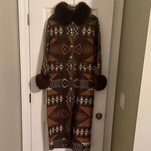 Double D Ranch Brown Patterned Coat with Fur Trim